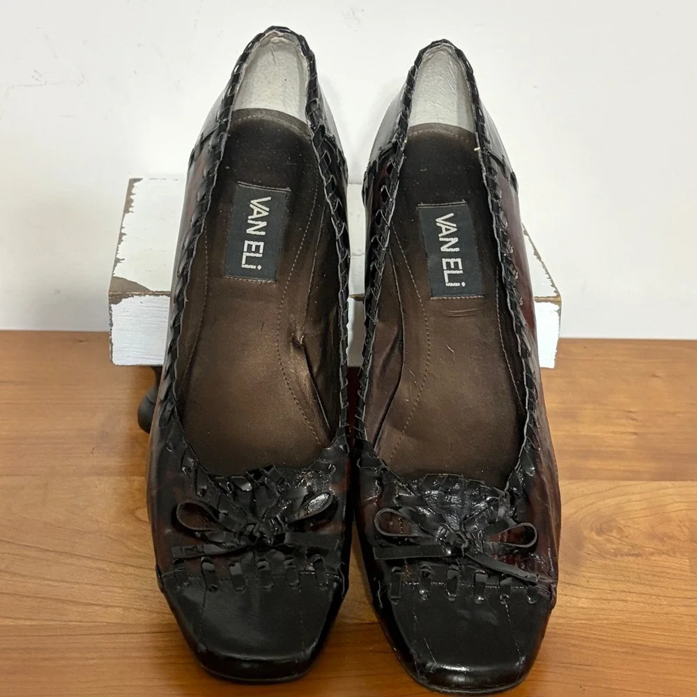 Van Eli Womens Brown Black Wedge Pumps Square Toe Bow Whipstitch Size 8.5 N